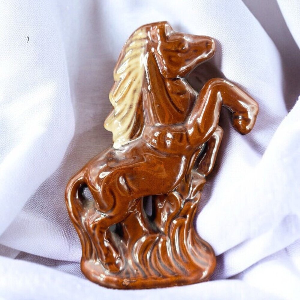 Vintage RedWare Ceramic Brown Rearing Stallion Horse Figurine Sculpture Decor